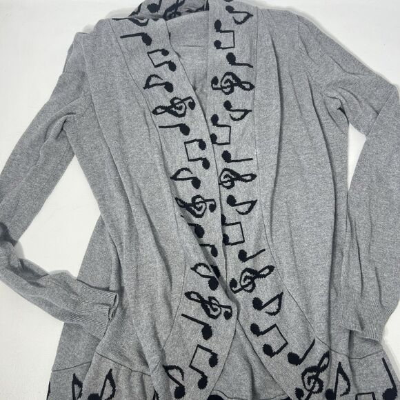Hot Topic Cardigan Womens M Gray Music Notes Border Hooded Open Front Sweater - Picture 2 of 10